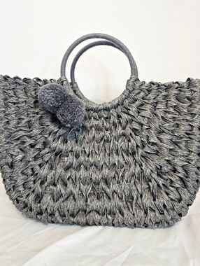 Gray Woven Tote Bag | Textured Statement Handbag | Round Handle w/ Pom Ac